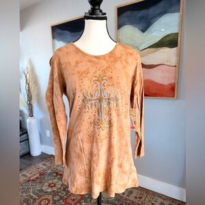 Reba Tan Long Sleeve Top with Embellished Cross